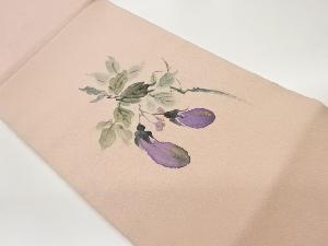 縮緬地金彩手描き茄子模様開き名古屋帯（額縁仕立て）